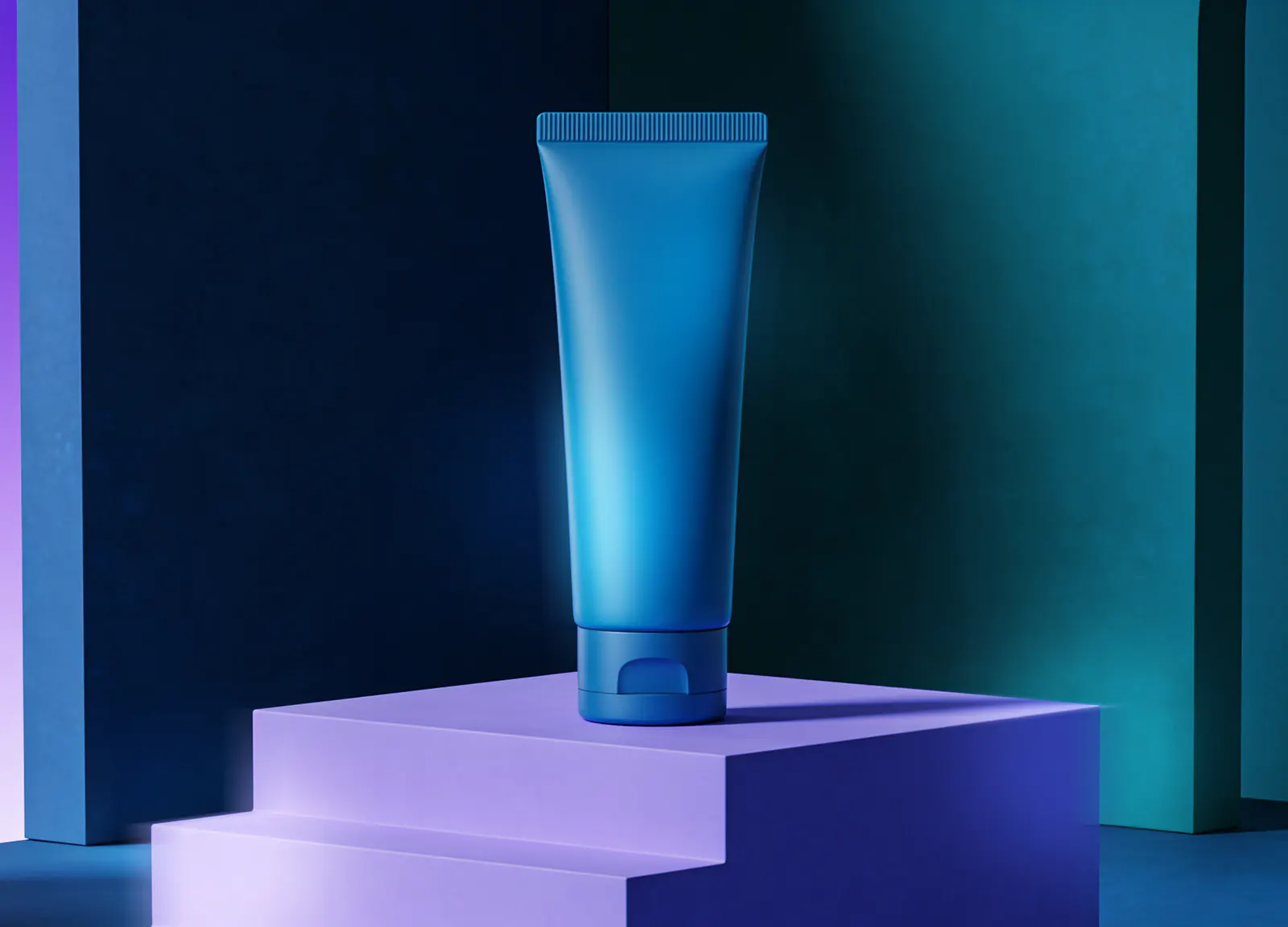 A blue skincare tube standing on a lavender pedestal